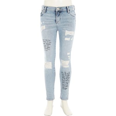 Blue scribbled quote Amelie skinny jeans